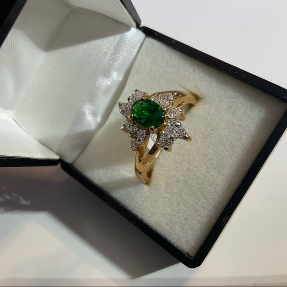 SYN EMERALD CLUSTER CZ GOLD PL RING SZ 10 14KT - Picture 2 of 16